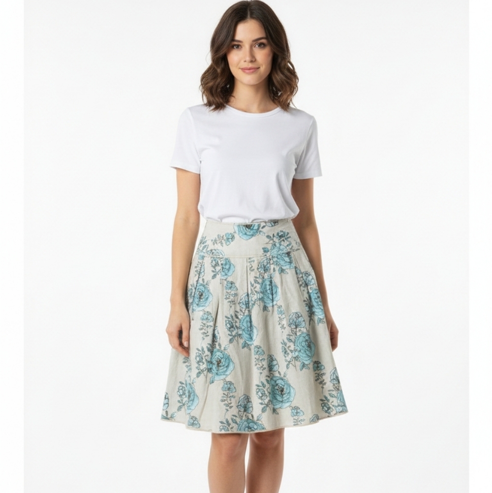 Andre Oliver 100% Linen Floral Blue and Cream Skirt Womens Size 2 Preppy Cottage